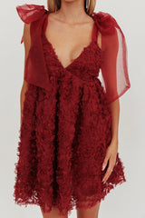 Lisette Tied Shoulder Embellished Mini Dress Wine