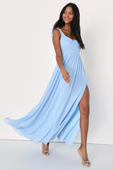 Sensational Moment Light Blue Pleated Maxi Dress