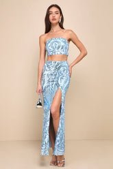 Flashy Fascination Light Blue Sequin Two-Piece Maxi Dress