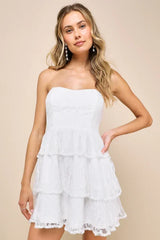 Sweet Perception White Lace Strapless Tiered Mini Dress