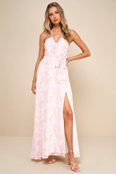Effortlessly Abloom Light Pink Floral Ruched Halter Maxi Dress