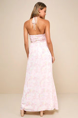 Effortlessly Abloom Light Pink Floral Ruched Halter Maxi Dress