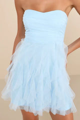 Delightful Beauty Light Blue Mesh Strapless Ruffled Mini Dress