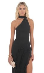 Mesh Halter Scarf Maxi Dress in Black