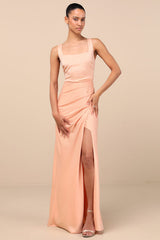 Red Carpet Romance Peach Satin Square Neck Maxi Dress