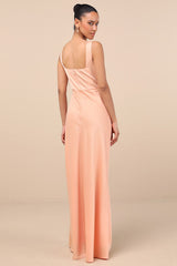 Red Carpet Romance Peach Satin Square Neck Maxi Dress