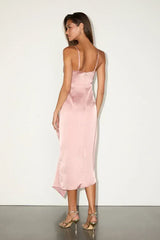 Caught Feelings Blush Satin Ruffled Midi Dress