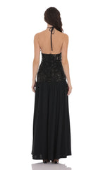 Drop Waist Sequin Maxi Dress in Black