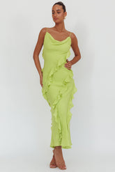 Panama Bay Ruffle Trim Cowl Neck Maxi Dress Sage