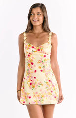 Marbelle Yellow Bloom Satin Mini Dress