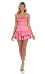 Satin Strapless Ruffle Dress in Pink