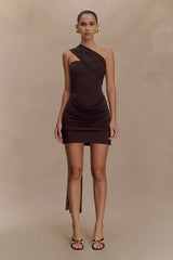 Mattea Slinky And Mesh Mini Dress With Scarf - Dark Chocolate