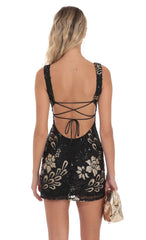 Sequin Floral Open Back Bodycon Dress in Black