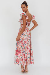 Palms Ruffle Sleeve Tied Back Maxi Dress Floral Pink
