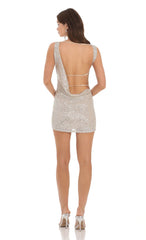 Sequin High Neck Open Back Dress in Champagne