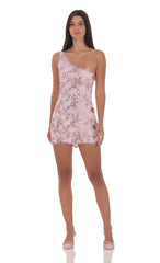 Floral Sequin One Shoulder Dress in Pink