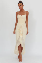 Kamilah Gathered Cascading Ruffle Midi Dress Butter