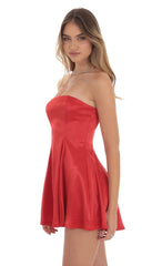Strapless Satin Fit and Flare Dress in Red