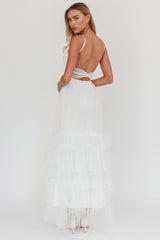 Nerida Twist Back Frill Trim Mesh Maxi Dress White