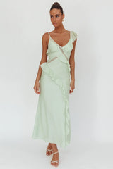 La Estrella Ruffle And Lace Trim Maxi Dress Sage