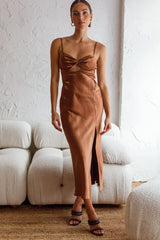 Invite Only Twisted Bust Satin Midi Dress Chocolate