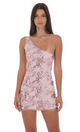 Floral Sequin One Shoulder Dress in Pink