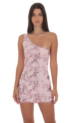 Floral Sequin One Shoulder Dress in Pink