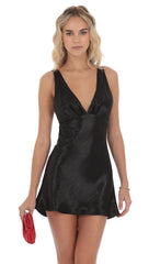 Satin V-Neck Open back Dress in Black