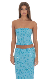 Strapless Beaded Floral Top in Aqua Blue