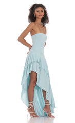 Strapless Ruffle Asymmetrical Maxi Dress in Blue