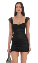 Mesh Ruched Bodycon Dress in Black