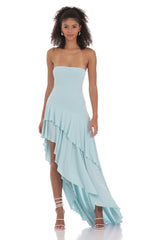 Strapless Ruffle Asymmetrical Maxi Dress in Blue