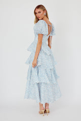 Giavana Puff Sleeve Layered Maxi Dress Floral Blue