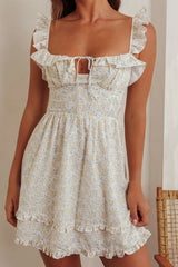 Doe Tied Bust Frill Mini Dress Floral Yellow