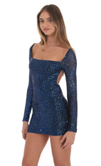 Blue Sequin Long Sleeve Open Back Bodycon Dress in Black