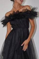 May Rose Off-Shoulder Tulle Midi Dress Black