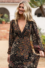 Bowman Deep V Maxi Dress | Black Multi
