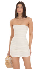 Strapless Ruched Bodycon Dress in Ivory