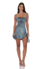 Foil Velvet Ruffled Slit Dress in Blue