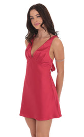 Satin V-Neck Open back Dress in Red
