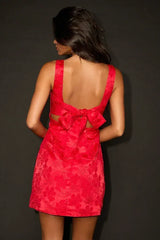Perfectly Flirtatious Red Floral Jacquard Tie-Back Mini Dress