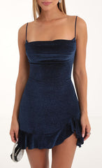 Kailani Velvet Glitter Cowl Neck Dress in Blue