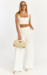 Tessa Two Piece Top and Pants Set - Square Neck Lace Trim Top And Wide Leg Pants in White