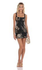 Sequin Floral Open Back Bodycon Dress in Black