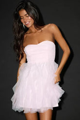 Delightful Beauty Pale Pink Mesh Strapless Ruffled Mini Dress