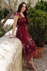 Clementine Tulle Midi Dress | Wine Multi