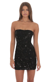 Strapless Sequin Floral Bodycon Dress in Black