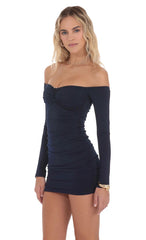 Off Shoulder Embellished Dress in Navy
