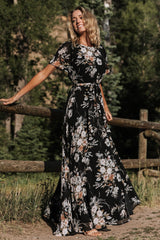 Naomi Short Sleeve Maxi Dress | Black Floral