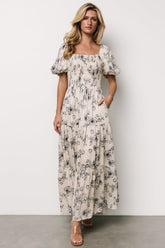 Susanna Smocked Maxi Dress | Ivory + Blue Floral